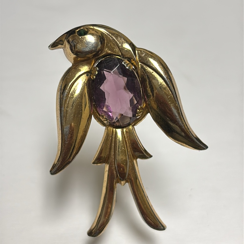 Coro Pegasus Vintage Jelly Belly Rhinestone Gold Bird Brooch